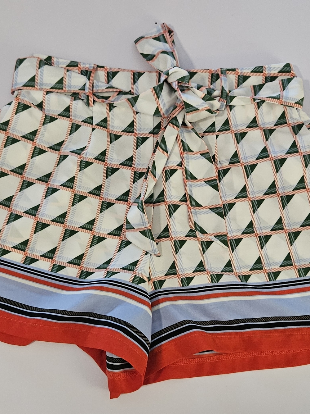 Forever 21 Cream, Green & Red Geometric Tie-Waist High-Rise Shorts